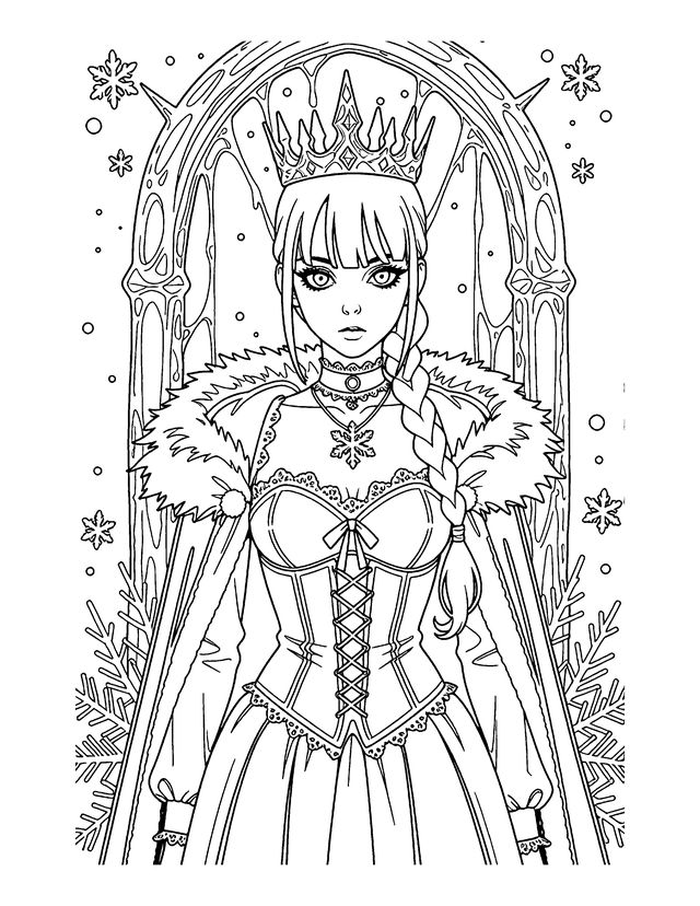 Black and white gothic Christmas coloring page: a goth girl with an icicle crown and a fur-trimmed corset in a frozen arch.