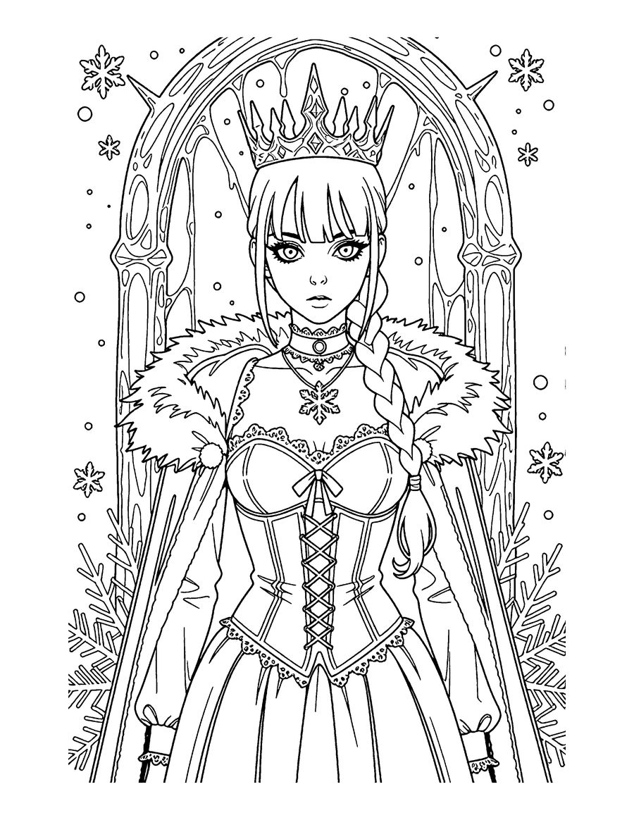 Black and white gothic Christmas coloring page: a goth girl with an icicle crown and a fur-trimmed corset in a frozen arch.