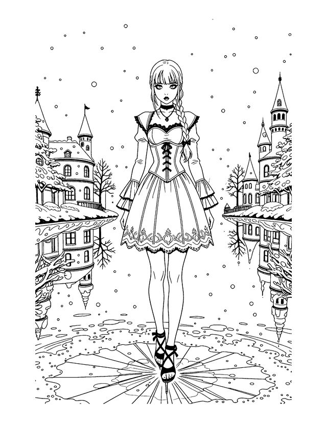 Black and white gothic Christmas coloring page: a goth girl ice skating down a snowy street with gothic castles in the background.