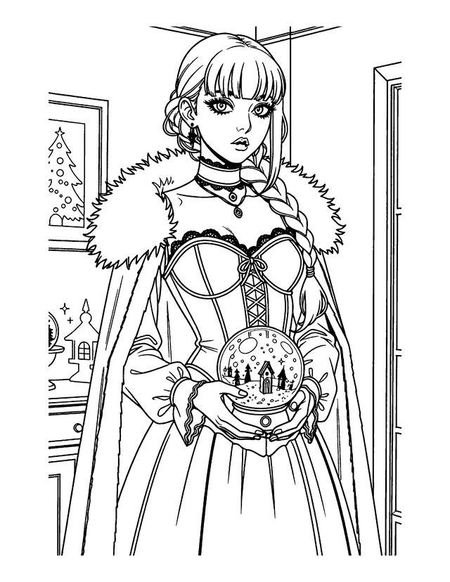 Black and white gothic Christmas coloring page: a goth girl holds a haunted snow globe in her hands.