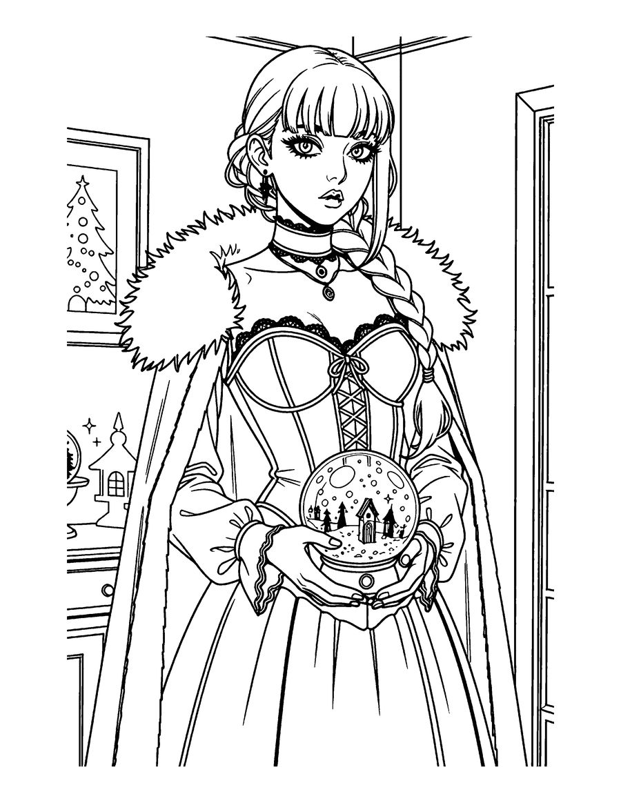 Black and white gothic Christmas coloring page: a goth girl holds a haunted snow globe in her hands.