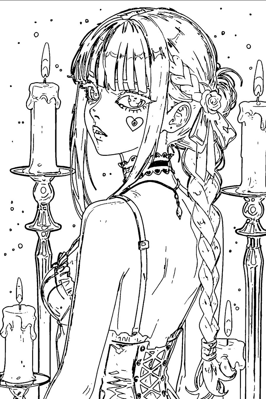 Black and white gothic coloring page: a goth girl with a braid and a heart on her cheek glances over her shoulder between tall candles.