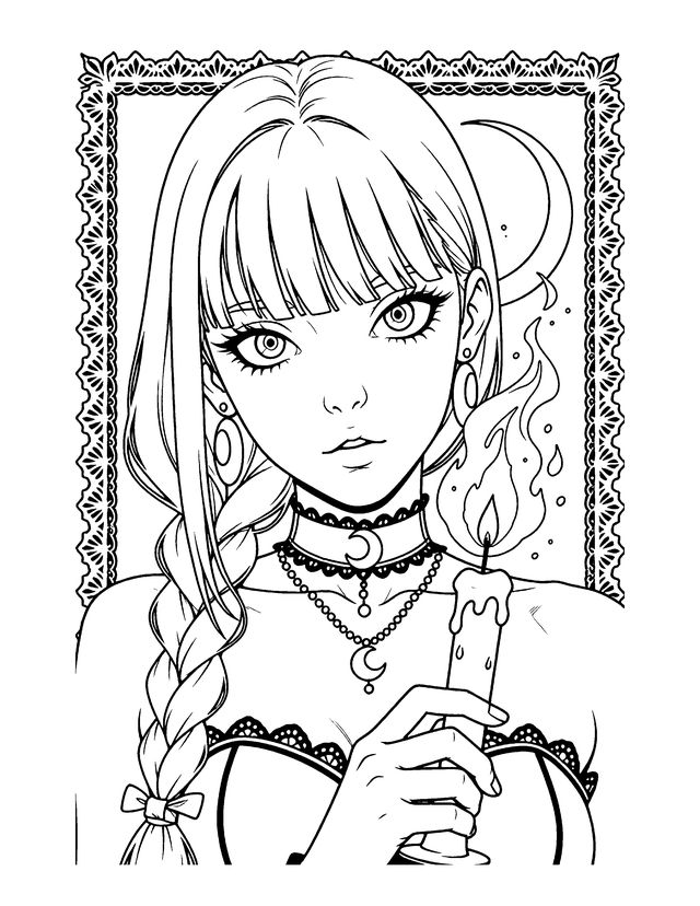Black and white witchy coloring page: a goth girl with a red braid holds a lit candle inside an ornate frame with a crescent moon.
