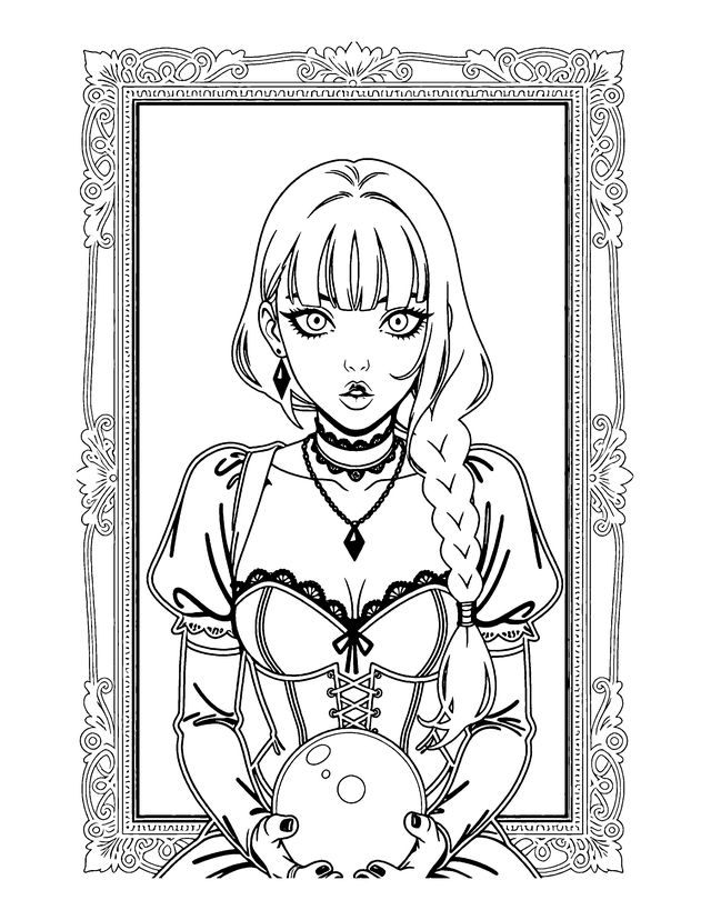 Black and white witchy coloring page: a goth girl with a braid and a corset blouse holds a crystal ball inside a decorative frame.