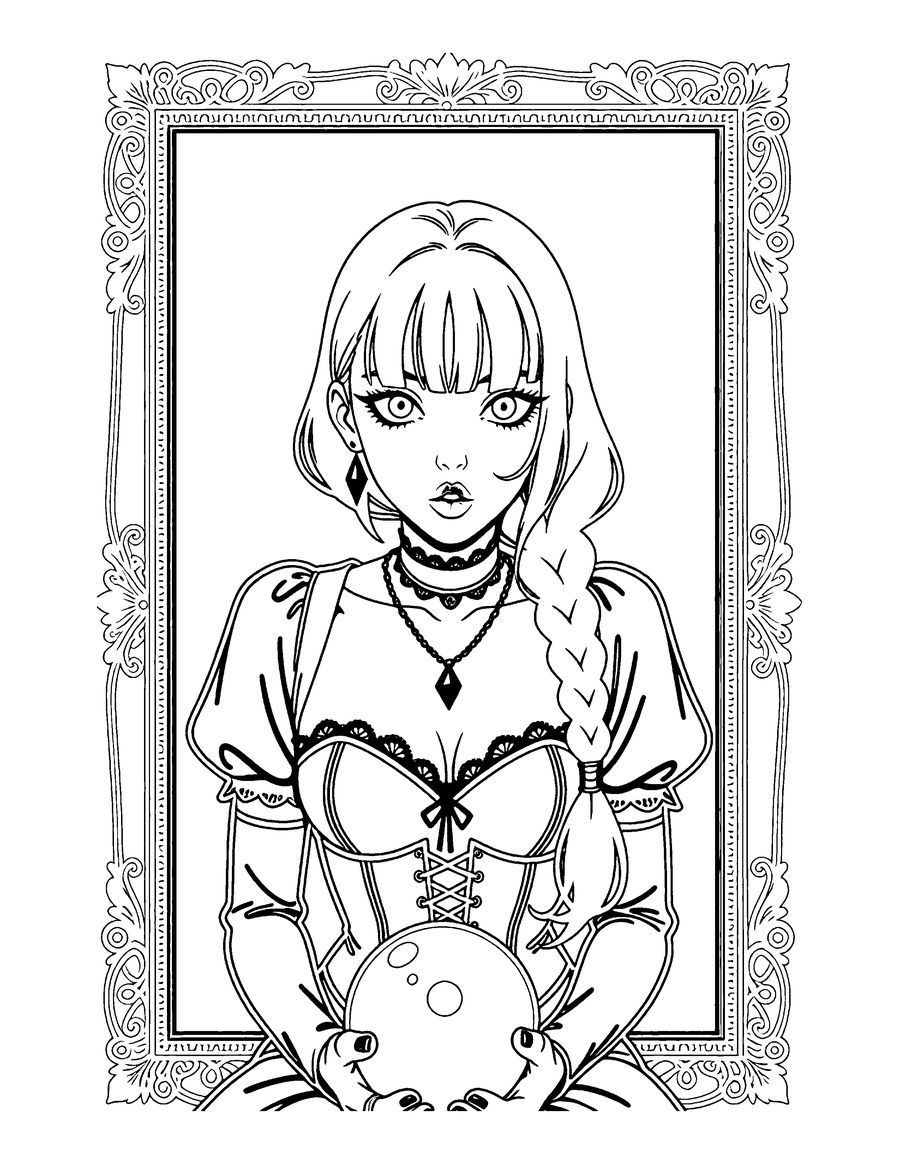 Black and white witchy coloring page: a goth girl with a braid and a corset blouse holds a crystal ball inside a decorative frame.