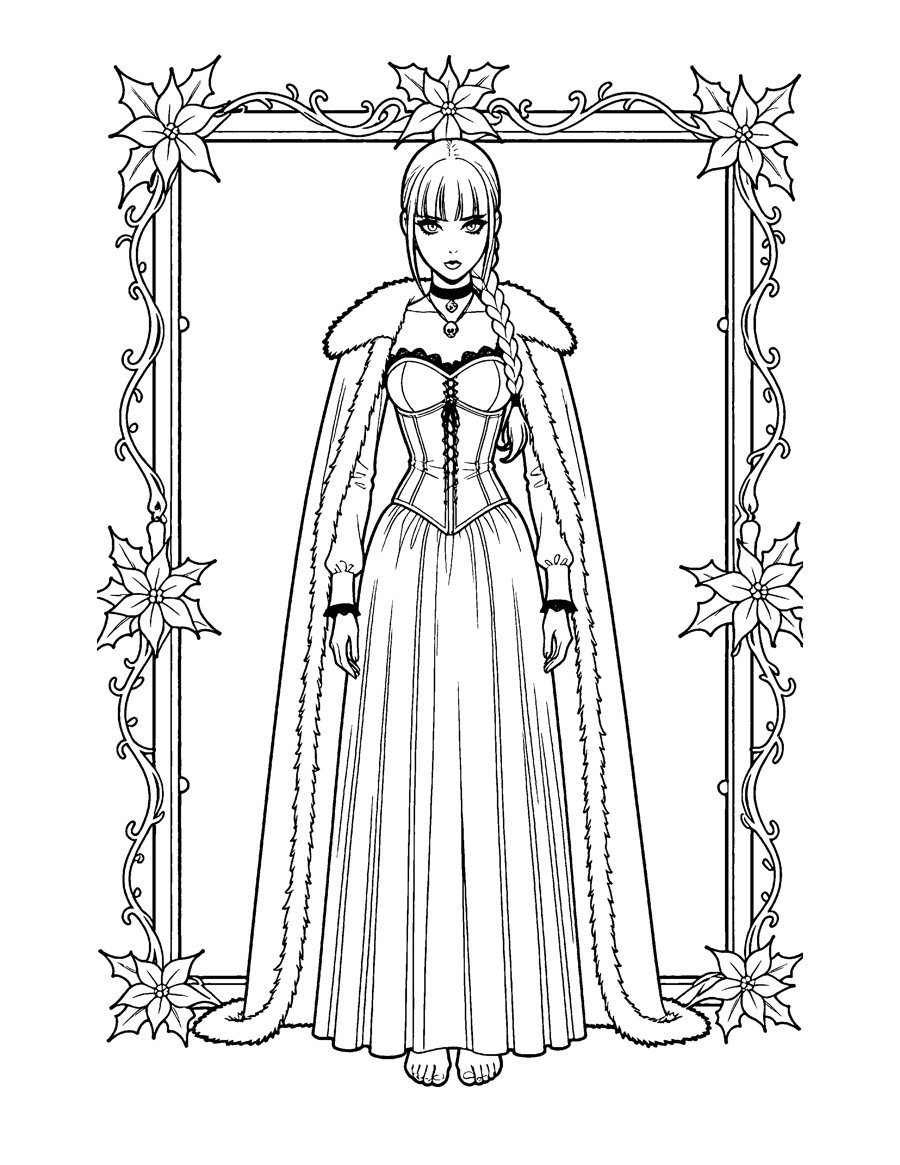 Black and white gothic Christmas coloring page: a goth girl with a red braid, choker and a fur-trimmed gown, inside a frame of poinsettias and vines.